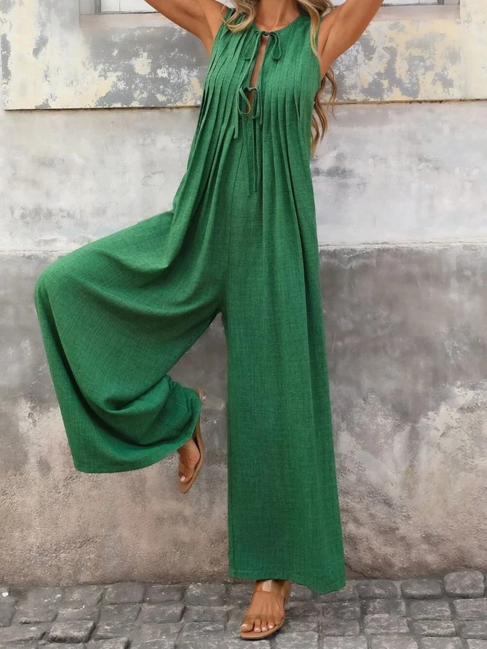 Green Casual Women's Vacation Jumpsuit with Front Tie